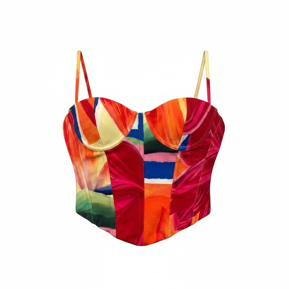 White Fox Corset Bustier Top Small Multicolor Abstract Print‎ Back Strappy Crop